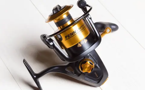 Czarny kołowrotek spinningowy Penn Spinfisher V 4500 ze złotymi akcentami, idealny do plecionki.