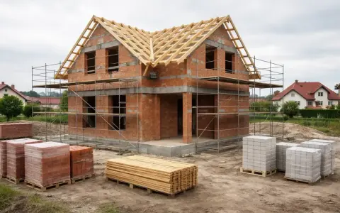 Budowa domu 120m2. Cegły, drewno i rusztowania czekają na dalsze prace. Zastanawiasz się, ile kosztują fundamenty pod dom 120m2?