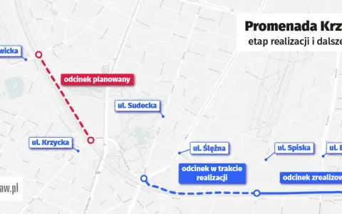 Mapa przedstawia etapy realizacji i plany Promenady Krzyckiej, z zaznaczonymi odcinkami planowanymi, w trakcie realizacji i zrealizowanymi.