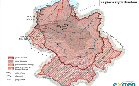 Mapa pokazuje państwo polskie za pierwszych Piastów, kiedy powstala Polska. Zaznaczono granice państwa Mieszka I i Bolesława Chrobrego.
