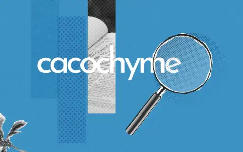 Une loupe examine le mot "cacochyme", un terme rare pour désigner une personne de mauvaise humeur. Le fond bleu et les motifs graphiques ajoutent une touche moderne.