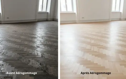 Parquet sombre et usé avant aérogommage, puis lumineux et rénové après. Le decapant bois a révélé sa beauté naturelle.