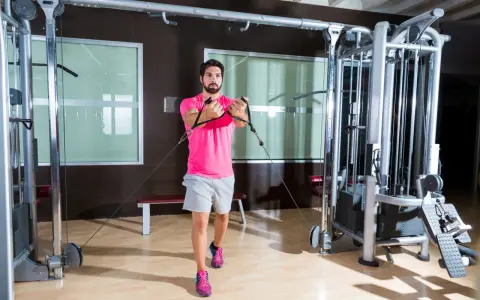 Man tränar bröstmuskler med en flyes maskin i ett modernt gym.