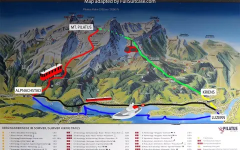 Map showing how to get to Mt. Pilatus from Lucerne. Routes include cogwheel train from Alpnachstad and cable car from Kriens.