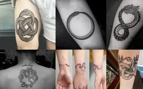 Tatouages de serpents entrelacés, symboles du temps et de l'éternité. Un Ouroboros, un dragon, et des motifs complexes ornent des bras, un dos et des poignets.