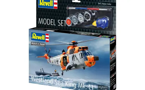 Revell Modellbausatz "Westland Sea King Mk.41" mit Hubschrauber im Einsatz über dem Meer. Enthält Farben und Pinsel.