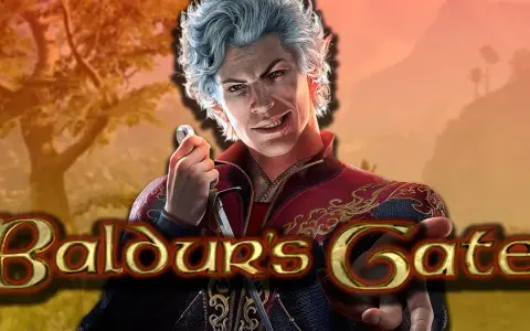 Un elfo de pelo plateado con una sonrisa maliciosa y una daga en mano, con el logo de Baldur's Gate 4.