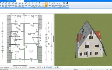 Bauplan eines Nur-Dachhauses mit Grundriss und 3D-Ansicht.