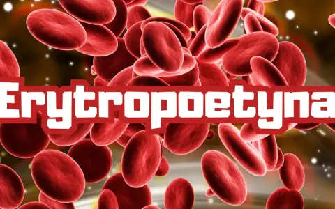 Czerwone krwinki unoszą się w tle, a na pierwszym planie widnieje napis "Erytropoetyna".