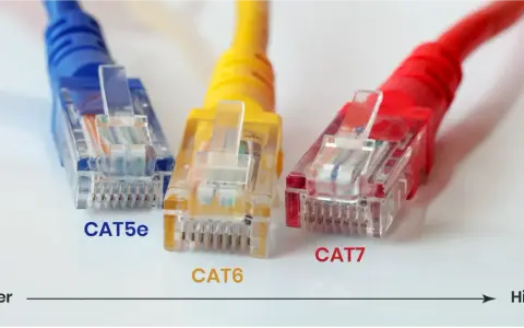 Trois câbles Ethernet (CAT5e, CAT6, CAT7) de couleurs différentes, illustrant comment choisir son cable ethernet pour des performances croissantes.