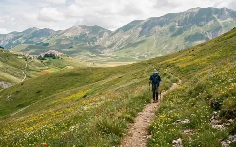 Escursionista su sentiero fiorito nel **Val di Norcia**, con borgo in lontananza e montagne verdi.