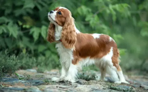 Uroczy Cavalier King Charles Spaniel, idealny pies dla dzieci, z rudymi i białymi łatami, stoi na kamienistej ścieżce wśród zieleni.