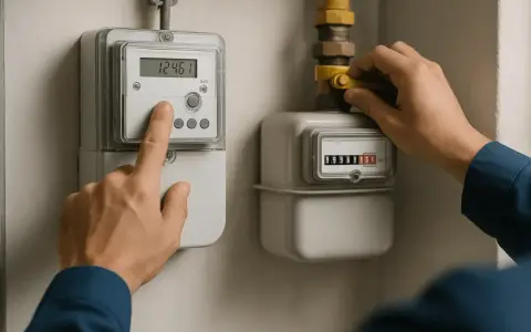Ręka naciska przycisk licznika energii elektrycznej, obok licznik gazu. Sprawdzanie zużycia zgodnie z taryfą w3.6.