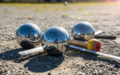 Trois boules de pétanque brillantes, un cochonnet et un mètre sur un terrain de gravier. Le jeu du joueur de boules est prêt.
