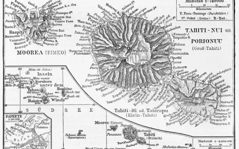 Największa wyspa Polinezji Francuskiej, Tahiti, z widocznymi górami i zatokami.