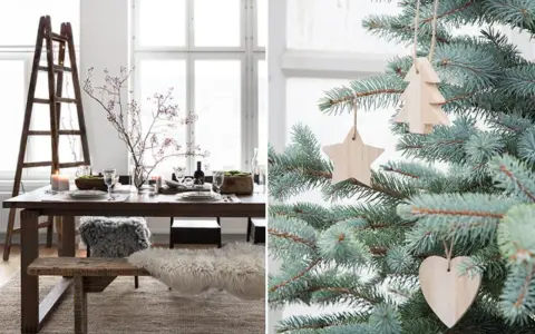 Vänster: rustik matplats med julstämning, höger: julgranspynt i trä. Jul inredning inspiration.
