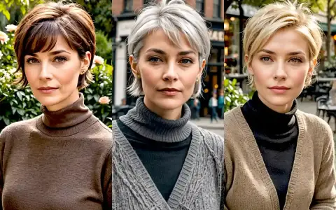 Tres mujeres con un moderno corte bixie, cada una con un estilo y color de cabello diferente, posan juntas al aire libre.