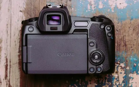 Tył aparatu Canon EOS R5 z widocznym ekranem LCD i przyciskami sterującymi.