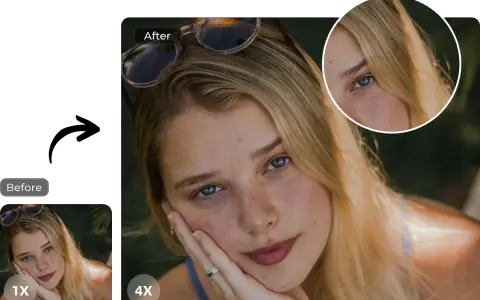 Comparación "antes y después" de un rostro femenino. La imagen "después" muestra un detalle ampliado con photoshop super resolution, revelando mayor nitidez.