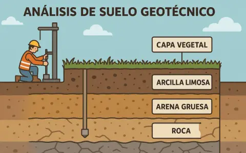 Un trabajador realiza un estudio geotecnico para entender las capas del suelo: capa vegetal, arcilla limosa, arena gruesa y roca.
