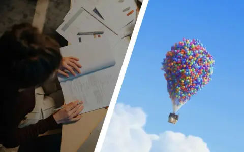 Una persona analizza una **scheda di analisi di un film** mentre una casa vola nel cielo con palloncini colorati.