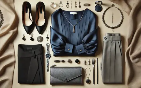 Elegancki zestaw: czarne szpilki, granatowa bluzka, szare spodnie, srebrna biżuteria. Jaki kolor pasuje do srebrnego? Czerń i granat tworzą klasyczną elegancję.
