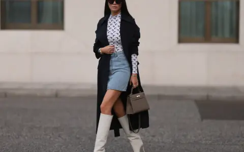 Outfit per uscire con un ragazzo: gonna di jeans, top a collo alto con stampa luna, trench nero, stivali bianchi alti e borsa grigia.