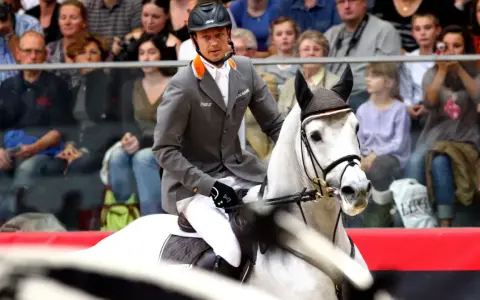 Un cavalier en tenue grise monte un cheval blanc, prêt pour la compétition. Le public est attentif.