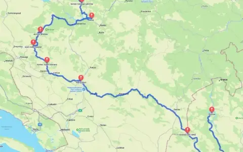 Trasa podróżnicza przez Bośnię i Hercegowinę oraz Czarnogóra na mapie, z zaznaczonymi punktami widokowymi i atrakcjami.
