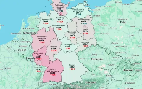 Strompreise in Mitteleuropa: Deutschland zeigt regionale Unterschiede. Bayern mit 593€, Sachsen mit 594€, Niedersachsen mit 584€.