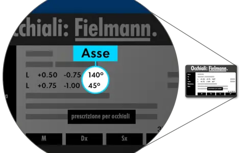 Dettagli di una prescrizione per occhiali Fielmann, con l'asse dell'occhio indicato a 140° e 45°.