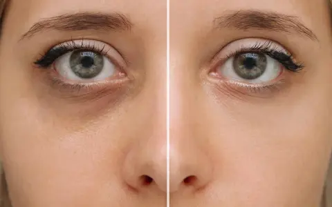Comparación de ojos: antes con ojeras vasculares oscuras y después con piel más clara y uniforme.
