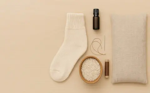 Pour savoir comment faire une bouillotte sans bouillotte, voici les ingrédients : une chaussette, du riz, une aiguille, du fil, une petite fiole et un coussin.