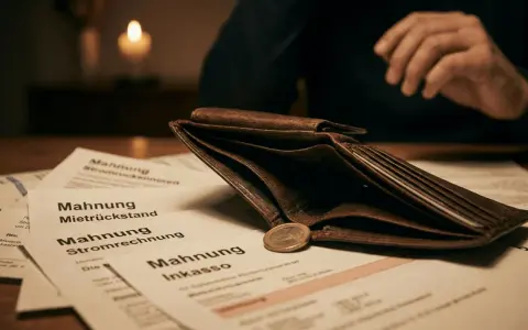 Leeres Portemonnaie mit Mahnungen und einer Münze. Das zeigt, was passiert, wenn man kein Unterhalt zahlt: Schulden und Inkasso.