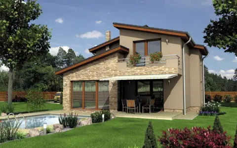 Eleganti case moderne esterni a due piani con piscina e giardino curato.