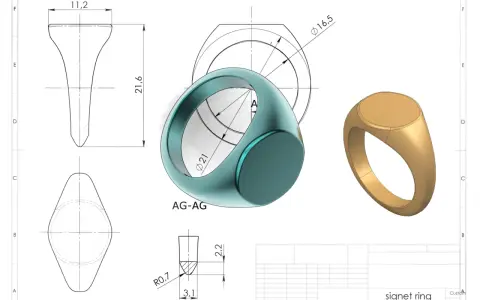 Projekt pierścionka sygnetu, ukazujący jego wzornictwo przemysłowe. Widoczne są rysunki techniczne i wizualizacje 3D.
