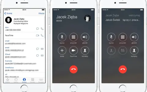Trzy ekrany iPhone'a pokazujące kontakt i rozmowę. Dowiedz się, jak włączyć nagrywanie rozmów w telefonie.