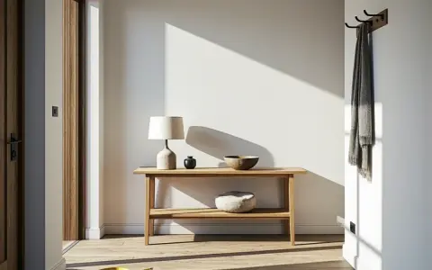 Minimalistyczna konsola w przedpokoju aranżacje: drewniany mebel z lampą, misą i ozdobnym kamieniem. Na ścianie wieszak z szalem.