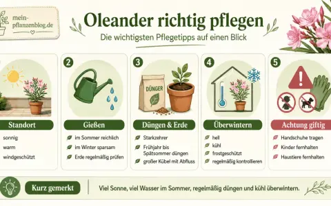 Infografik zur Oleander pflege: Standort, Gießen, Düngen & Erde, Überwintern und Giftigkeit. Sonne, Wasser, Dünger und kühles Überwintern sind wichtig.