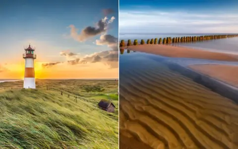 Latarnia morska na wydmach i falochrony na piaszczystej plaży – malownicze morze w Niemczech o zachodzie słońca.