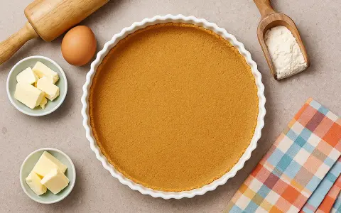 Fond de tarte avec biscuits écrasés sans beurre, prêt pour une garniture gourmande. Ingrédients : œuf, beurre, farine, rouleau à pâtisserie.