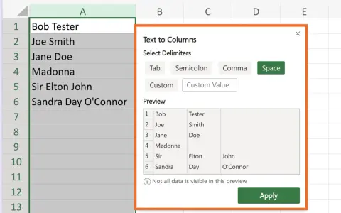 Excel: Zelle teilen nach Leerzeichen. Der Dialog "Text in Spalten" zeigt die Vorschau, wie Namen aufgeteilt werden.