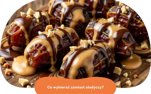 Daktyle z masłem orzechowym i czekoladą, posypane orzechami. Idealna przekąska, gdy zastanawiasz się, czym zastąpić słodycze.
