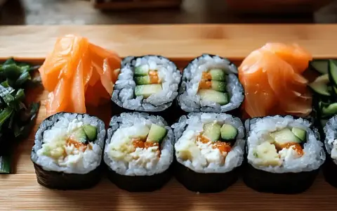 Gotowy sushi przepis na talerzu: rolki z ryżem, ogórkiem i łososiem, podane z marynowanym imbirem i zielonymi dodatkami.