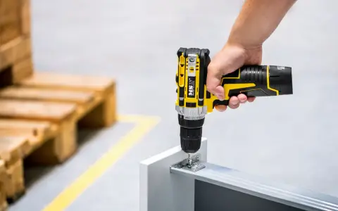 Ręka trzyma żółto-czarną wkrętarkę Sparky, wkręcając śrubę w metalowy profil. W tle widać drewniane palety.