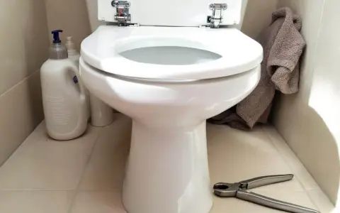 Préparez-vous à changer l'abattant WC. Nettoyants, serviette et pince à portée de main pour le bricolage.