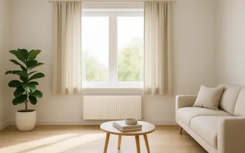 Cortinas beige cuelgan sobre un radiador blanco. Un sofá y una planta adornan la sala.