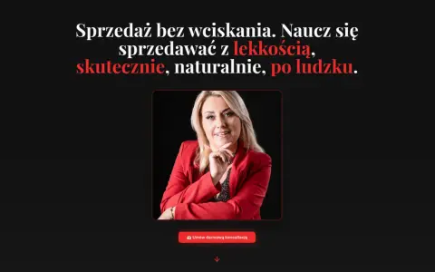 Kobieta w czerwonej marynarce uczy, jak sprzedawać skutecznie i naturalnie. Zapisz się na darmową konsultację.
