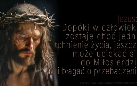 Twarz Jezusa w koronie cierniowej, z krwawymi śladami. Słowa Jezusa: "Dopóki w człowieku zostaje choć jedno tchnienie życia, jeszcze może uciekać się do Miłosierdzia i błagać o przebaczenie.