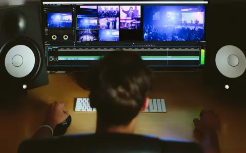Osoba edytuje wideo na komputerze, otoczona przez jakie monitory studyjne. Widok zza pleców na ekran z wieloma kadrami i linią czasu.